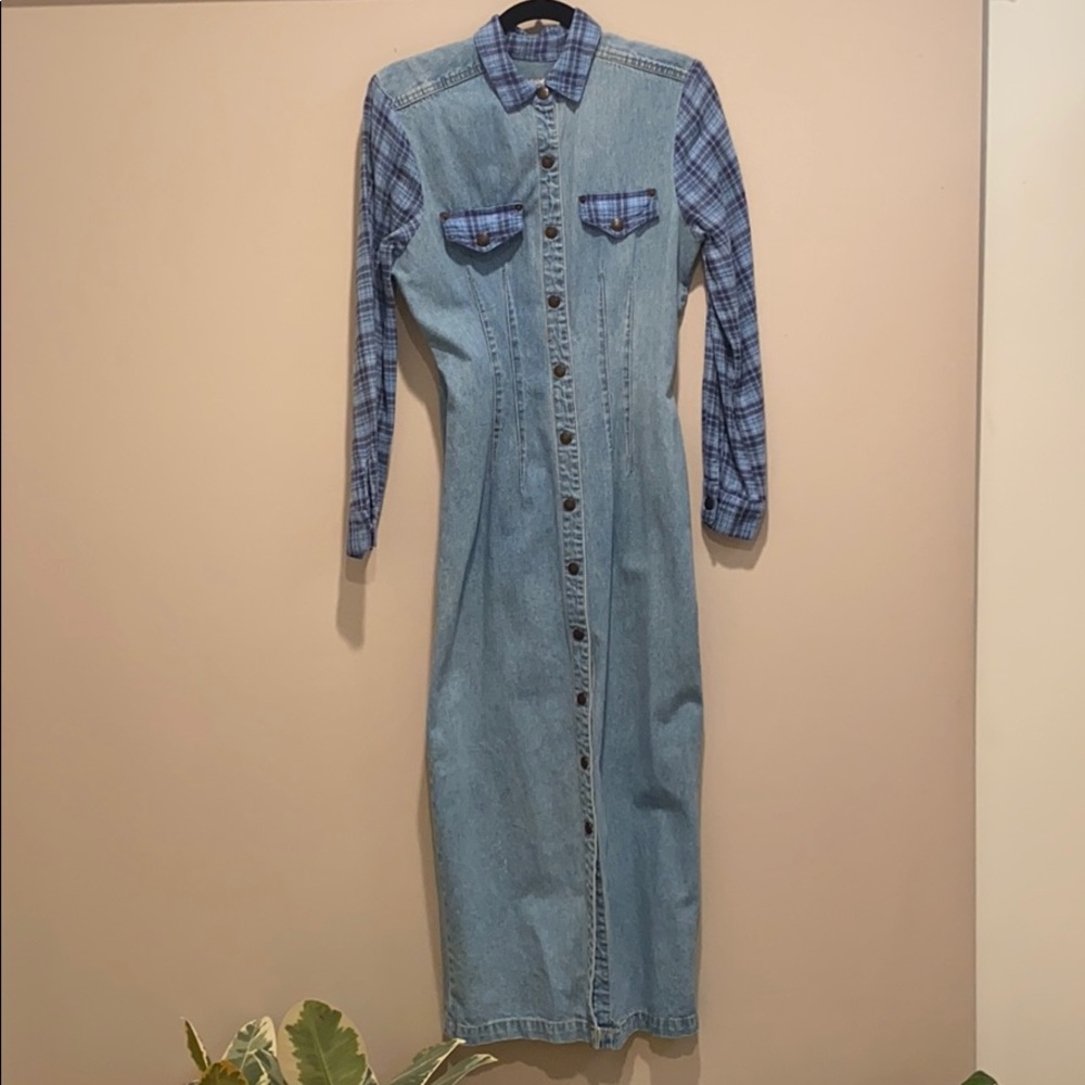 Vintage Paris blues denim and plaid long dress